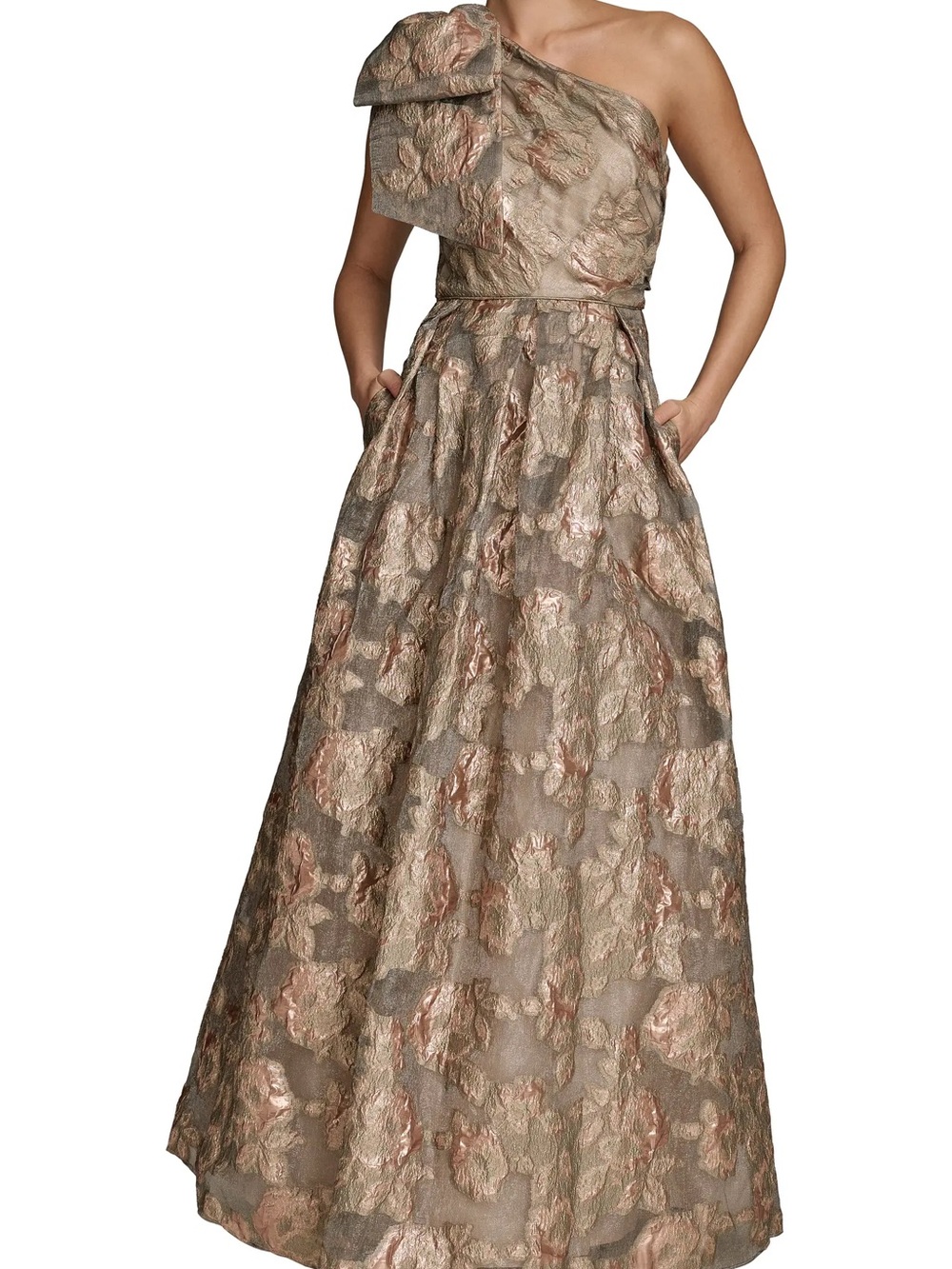 One-Shoulder Metallic Jacquard Gown - Picture 4 of 7